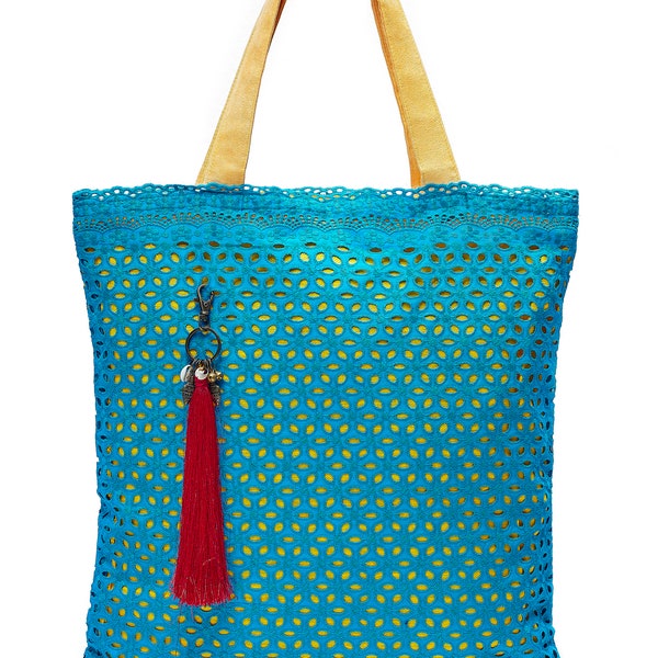 LEON's beautiful bag sac shopping sac seau sac en tissu shopper cabas coton zip poches intérieures poignée velours turquoise