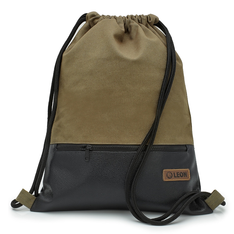 LEON by Bers bag gym bag backpack daily bag cotton gym bag approx. 34 cm x approx. 45 cm zip bag, canvas black PU bottom part Khaki