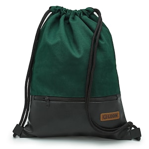 LEON by Bers bag gym bag backpack daily bag cotton gym bag approx. 34 cm x approx. 45 cm zip bag, canvas black PU bottom part Green