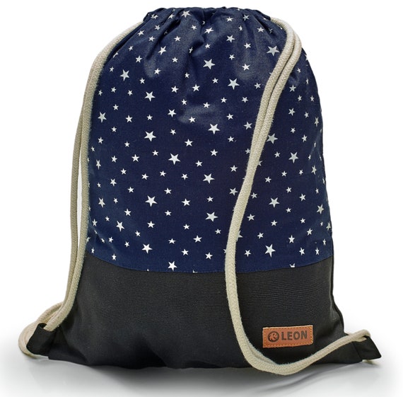 LEON by Bers bag gym bag backpack daily bag children's cotton gym bag width 32 cm height 41 cm, white stars dark blue black. Fabric floor