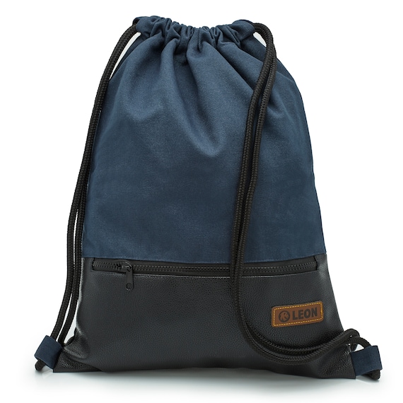 LEON by Bers bag gym bag backpack daily bag cotton gym bag approx. 34 cm x approx. 45 cm zip bag, canvas blue PU bottom part SW