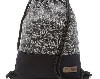 LEON by Bers  Tasche Turnbeutel Rucksack Sportbeutel Baumwolle  gym bag Breite ca.34 cm Höhe ca.45 cm, Design Weiße Blätter Schwarzer Stoff