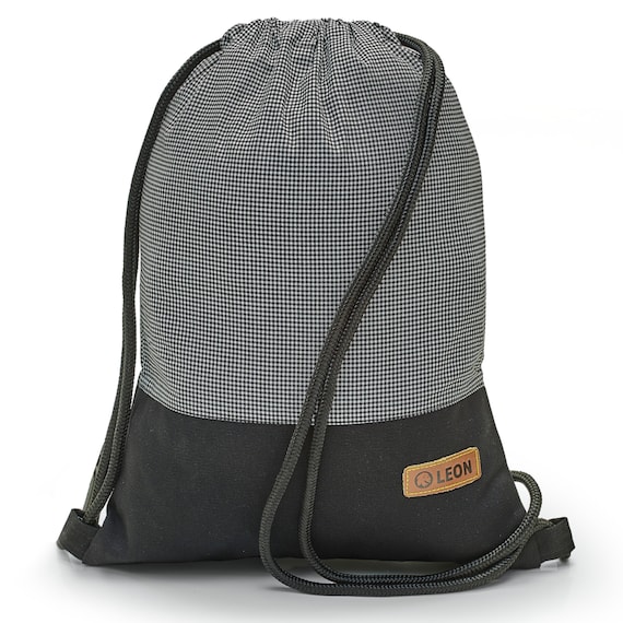 LEON by Bers bag gym bag backpack daypack cotton gym bag width 34 cm height 45 cm, grid SW, black. Fabric floor