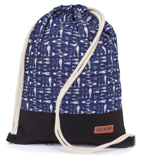 LEON by Bers Bag, Drawstring Backpack, Daypack, Children's Cotton Gym Bag, Width 32 cm, Height 41 cm, Fish Blue. Fabric Bottom.