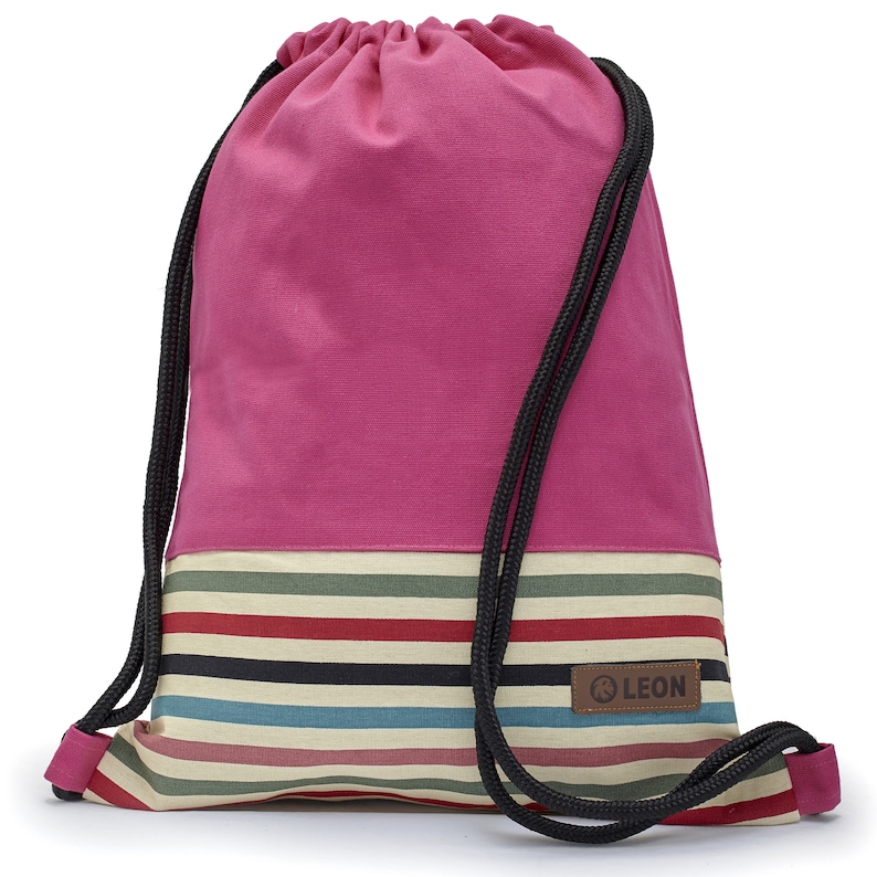 LEON by Bers bag gym bag backpack daypack made of cotton gym bag, canvas black, gray, pink, brown, dark blue bottom striped Pink