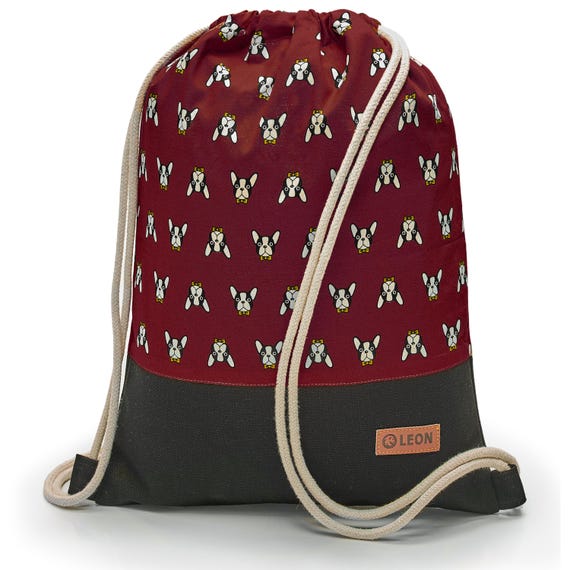 LEON by Bers Bag Drawstring Backpack Daypack Kids Cotton Gym Bag Width 32 cm Height 41 cm, Pug on Red, Black Fabric Bottom