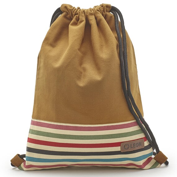 LEON by Bers drawstring bag, backpack, daypack, cotton gym bag, approx. 34 cm wide, approx. 45 cm high, curry design, striped bottom
