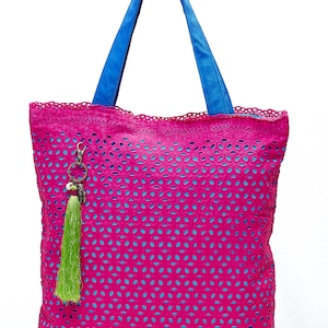 LEONs Beautiful bag shopping bag bucket bag fabric bag shopper tote bag cotton zip inner pockets velor handle pink red