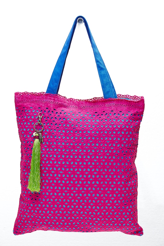LEONs Beautiful Bag Shopping Bag Pouch Bag Fabric Bag Shopper Tote Bag Cotton Zipper Inside Pockets Velour Handle PinkRed