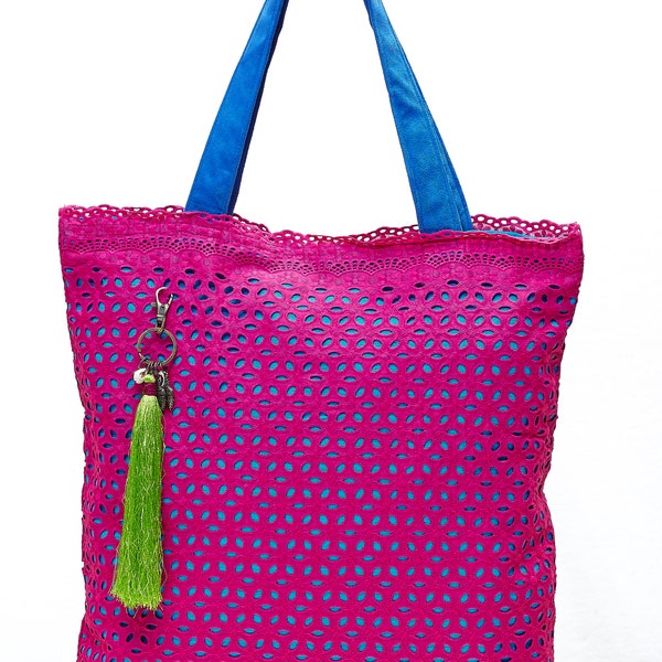LEONs Beautiful bag shopping bag bucket bag fabric bag shopper tote bag cotton zip inner pockets velor handle pink red