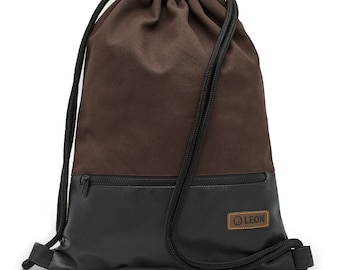 LEON by Bers bag men's gym bag backpack daypack cotton gym bag width approx. 34 cm, height approx. 45 cm, outside zip pocket