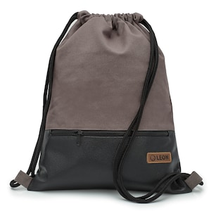 LEON by Bers bag gym bag backpack daily bag cotton gym bag approx. 34 cm x approx. 45 cm zip bag, canvas black PU bottom part Grey