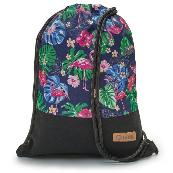 LEON by Bers bag gym bag backpack sports bag cotton gym bag width 34 cm height 45 cm, pink flamingo dark blue, black fabric bottom