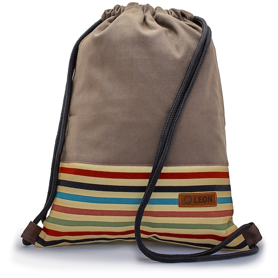 LEON by Bers Bag Drawstring Backpack Daypack made of cotton, Canvas Black, Grey, Pink, Brown, Dark Blue, striped bottom
