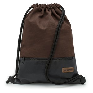 LEON by Bers bag gym bag backpack daily bag cotton gym bag approx. 34 cm x approx. 45 cm zip bag, canvas black PU bottom part Brown