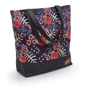LEON Einkaufstasche Beuteltasche Stofftasche Shopper Tote Bag Baumwolle Innentasche Außentasche 6 Designs BlumenFarneDklBlau