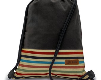 LEON by Bers bag gym bag backpack daypack made of cotton gym bag, canvas black, gray, pink, brown, dark blue bottom striped