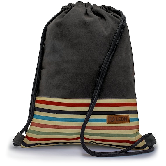 LEON by Bers bag gym bag backpack daypack made of cotton gym bag, canvas black, gray, pink, brown, dark blue bottom striped