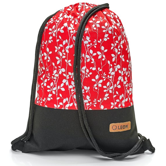 LEON by Bers bag gym bag backpack sports bag cotton gym bag width 34 cm height 45 cm, fabric white tendrils on red, black fabric base