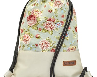 LEON by Bers  Tasche Turnbeutel Rucksack Damen Tagesrucksack Baumwolle  gym bag Breite ca.34 cm Höhe ca.45 cm, Design Blaurose_perlmuttpu