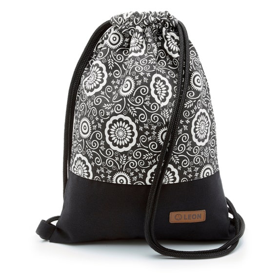 LEON by Bers bag gym bag backpack sports bag cotton gym bag width ca.34 cm height 45 cm black and white flower pattern, black lower part