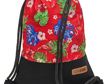 LEON by Bers bag gym bag backpack sports bag cotton gym bag width 34 cm height 45 cm, pink flamingo dark blue, black fabric bottom