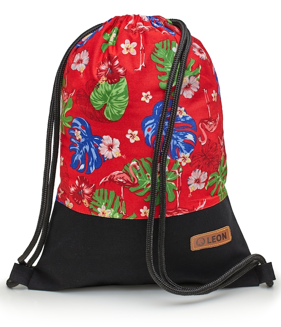 LEON by Bers bag gym bag backpack sports bag cotton gym bag width 34 cm height 45 cm, pink flamingo dark blue, black fabric bottom
