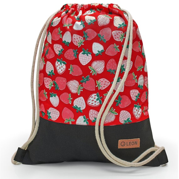 LEON by Bers bag gym bag backpack daypack children's cotton gym bag width 32 cm height 41 cm, strawberry on red, black. Fabric floor