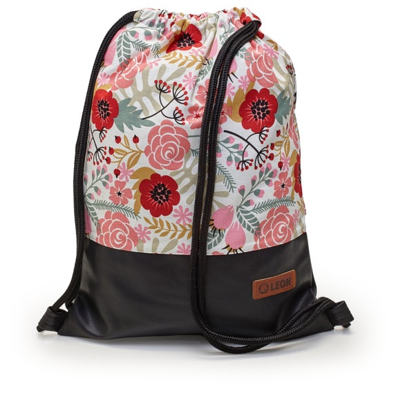 LEON by Bers bag gym bag backpack daily bag cotton gym bag width 34 cm height 45 cm fabric ferns colorful white, black faux leather bottom