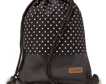 LEON by Bers bag gym bag backpack daypack cotton gym bag width approx. 34 cm, height approx. 45 cm, design white dots on black