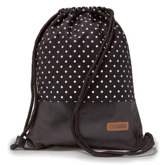 LEON by Bers bag gym bag backpack daypack cotton gym bag width approx. 34 cm height approx. 45 cm, design white dots on black