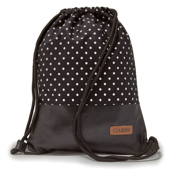 LEON by Bers bag gym bag backpack daypack cotton gym bag width approx. 34 cm, height approx. 45 cm, design white dots on black