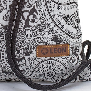 LEON by Bers bag gym bag backpack daypack cotton gymbag 34 cm x 45 cm black and white floral pattern, Paisley_SW Black bottom part image 3