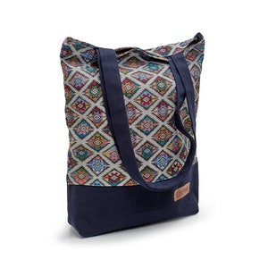 Borsa shopping LEON borsa a secchiello borsa in tessuto shopper borsa tote in cotone tasca interna tasca esterna 7 fantastici disegni Boho Tribal RauteBuntBeige