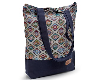 Borsa shopping LEON borsa a secchiello borsa in tessuto shopper borsa tote in cotone tasca interna tasca esterna 7 fantastici disegni Boho Tribal