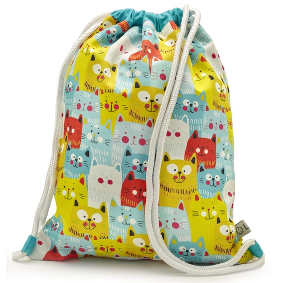 LEON by Bers kindergarten bag gym bag backpack children's daypack cotton gym bag fabric bag, design child cat_yellow turquoise