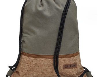 LEON by Bers  Tasche Turnbeutel Rucksack daily bag Baumwolle Kork Beschichtung gym bag Breite 34 cm Höhe 45 cm, Reißverschluss, Warm-Grau