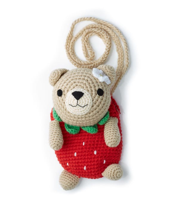 Children's bag, crocheted shoulder bag, teddy bear, strawberry bag, kindergarten bag, earth bear
