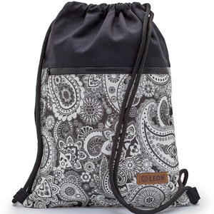 LEON by Bers bag gym bag backpack daypack cotton gymbag 34 cm x 45 cm black and white floral pattern, Paisley_SW Black bottom part image 1