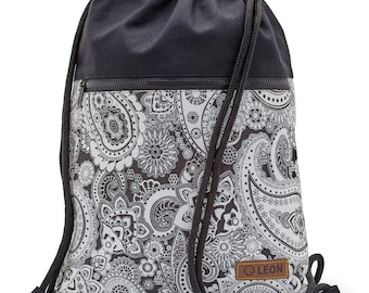 LEON by Bers bag gym bag backpack daypack cotton gymbag 34 cm x 45 cm black and white floral pattern, Paisley_SW Black bottom part