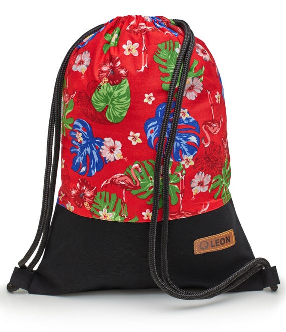 LEON by Bers drawstring bag, backpack, sports bag, cotton gym bag, width 34 cm, height 45 cm, pink flamingo, dark blue, black fabric bottom