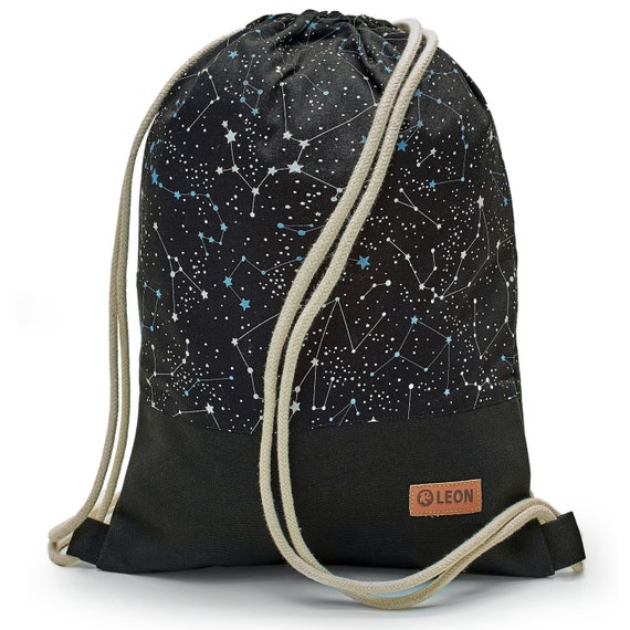 LEON by Bers bag gym bag backpack daily bag children's cotton gym bag width 32 cm height 41 cm, constellation black, black fabric base