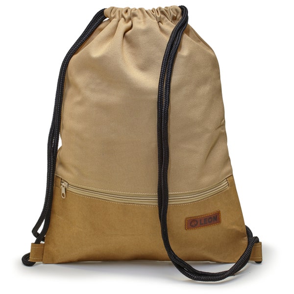 LEON by Bers  Tasche Turnbeutel Rucksack daily bag Baumwolle Papier Beschichtung gym bag Breite 34 cm Höhe 45cm Reißverschluss CanvasBeige