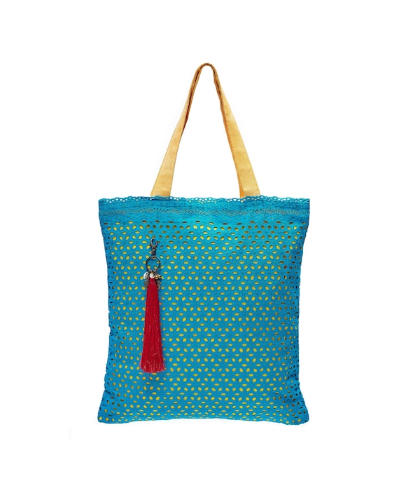 LEON's Beautiful Bag Shopping Bag Drawstring Bag Fabric Bag Shopper Tote Bag Cotton Zipper Inner Pockets Velour Handles Turquoise