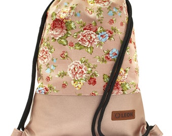 LEON by Bers  Tasche Turnbeutel Rucksack Damen Tagesrucksack Baumwolle  gym bag Breite ca.34 cm Höhe ca.45 cm, Design Rosarose_rosapu