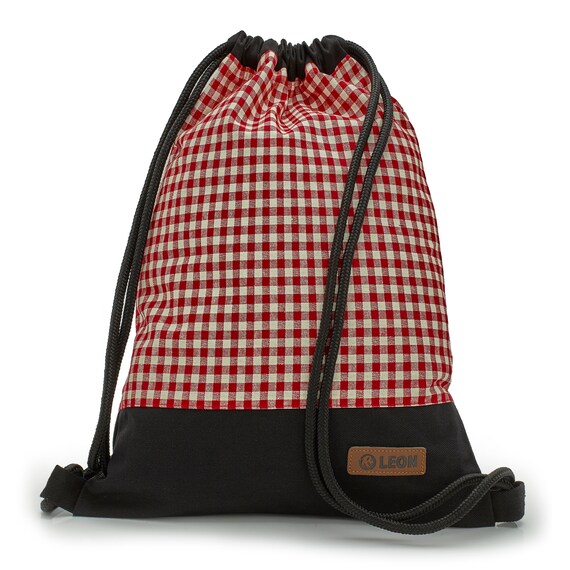 LEON by Bers bag ladies gym bag backpack daypack cotton gym bag width approx. 34 cm height approx. 45 cm, red checked fabric