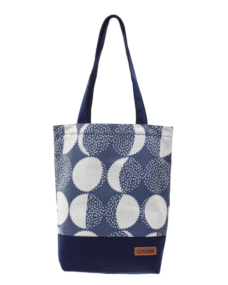 LEON bolso de compras bolso de cubo bolso de tela bolso de compras bolso de mano bolsillo interior de algodón bolsillo exterior 6 diseños tela azul BlauBeigeKreise