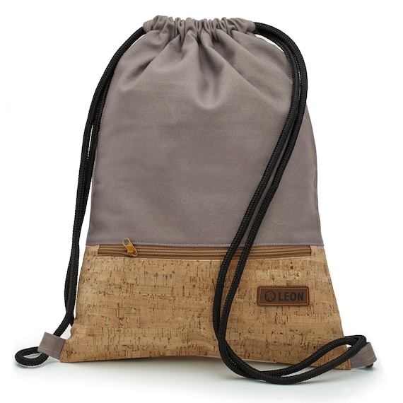 LEON by Bers Bag Gym Bag Backpack Sports Bag Cotton Cork Coating gym bag Width 34 cm Height 45 cm, Zipper, Warm Gray