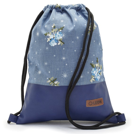 Gym bag backpack bag LEON by Bers daypack cotton gym bag blueBouquet of flowersBottom blue