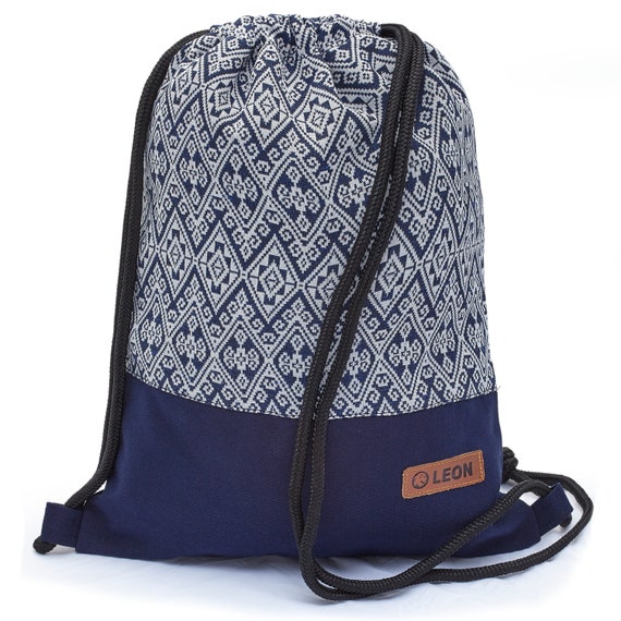Gym Bag Backpack Bag LEON by Bers Sports Bag Cotton gym bag BOHOBlueWhiteKaro